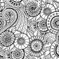 Seamless floral retro doodle black and white pattern in vector.