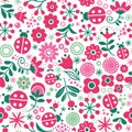 Seamless floral retro vector pattern - hand drawn vintage Scandinavian style textile design with red and green flowers and ladybir