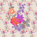 Seamless floral romantic pattern. Bouquets of roses, bell and cosmos flowers in watercolor style. Print for fabric