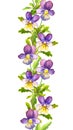 Seamless floral stripe border with botanical painted violet viola flowers