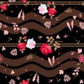 Seamless floral striped pattern in vintage style. Pink and red roses, bell flowers and various leaves, hearts and stars.