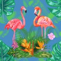 Seamless floral summer pattern background with tropical palm leaves, flamingo, hibiscus