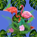 Seamless floral summer pattern background with tropical palm leaves, flamingo, hibiscus