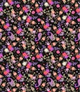 Seamless floral summer pattern with paisley, bouquets of roses, daisy, cosmos and bell flowers on black background.