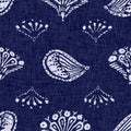 Seamless floral texture. Indigo blue woven boro cotton dyed effect background. Japanese repeat batik pattern swatch Royalty Free Stock Photo