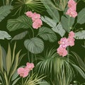 Seamless Floral Tropical Print with Exotic Flowers and Orchid Blossoms, Nature Ornament for Textile or Wrapping Paper