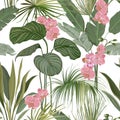 Seamless Floral Tropical Print with Exotic Orchid Pink Flowers, Green Jungle Leaves on White Background Royalty Free Stock Photo