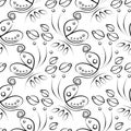 Seamless floral vector pattern with insect. Decorative black and white background with butterflies, roses and decorative elements
