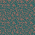 Seamless floral vector pattern orange pinkish small flowers on dark green background, ditzy, millefleurs, fabric Royalty Free Stock Photo