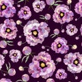 Seamless floral vector pattern peony. Drawn vintage flowers peonies branches, bouquets on purple background. vector illustration Royalty Free Stock Photo