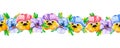 Seamless floral vertical stripe border with botanical painted yellow, pink,blue, purple pansies viola flowers on white background Royalty Free Stock Photo