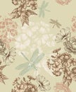 Seamless floral wallpaper with phlox and dragonfly. Floral background, vector illustration.