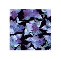 Seamless floral watercolor design pattern. Blue , purple hydrangea on black background.