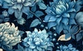 seamless floral watercolor illustration leaf blue background design flower vintage pattern. Generative AI.