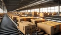 Seamless flow of numerous cardboard box packages in a bustling warehouse fulfillment center