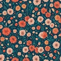 Seamless flower pattern with Royal blue and peach color background. Royalty Free Stock Photo