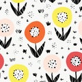Seamless flower vector pattern. Bold florals Scandinavian flat style repeating background. Botanical minimalistic doodle