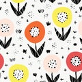 Seamless flower vector pattern. Bold florals Scandinavian flat style repeating background. Botanical minimalistic doodle Royalty Free Stock Photo