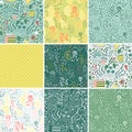 Seamless flowers and leafs patterns set, floral vector background, baby cartoon doodle pattern Royalty Free Stock Photo