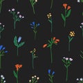 Seamless flowers pattern design. Botanical print, endless background. Tiny floral plants, field branches, fragile simple