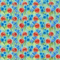 Seamless flowers pattern: poppy, cornflower, bluebell, on the grass.