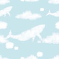 Seamless Fluffy cloud in whale shape flying up to Sky on blue transparent background,Vector 3D cute cartoon pattern nature sky