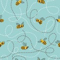 Seamless flying bees pattern. Vector cartoon illustration for kids