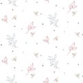 Seamless foliage and moths pattern with tiny small leaves on white.