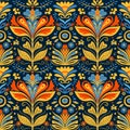 Seamless folk art vector pattern with birds and flowers, Scandinavian or Nordic navy blue repetitive floral design Royalty Free Stock Photo