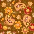 Seamless folk floral and paisley pattern in yellow,dark green and brown tones. Indian, turkish, damask, russian motifs. Royalty Free Stock Photo