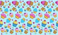 Seamless food pattern bright cupcakes on blue background