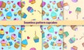 Seamless food pattern bright cupcakes