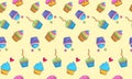 Seamless food pattern bright cupcakes on yellow background