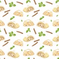 Seamless food pattern. viennese strudel with leafs mint and cinnamon.