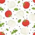 Seamless food vector pattern. Caprese salad ingredients. Cartoon hand drawn mozzarella, tomato, basil, pepper on white background Royalty Free Stock Photo