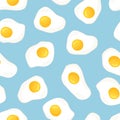 Seamless food vector pattern. Cartoon hand drawn scrambled eggs on blue background. Flat illustration for textile, wallpaper, Royalty Free Stock Photo