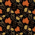 Seamless forest pattern with acorns and autumn leaves. Fall background. Vector wallpaper Royalty Free Stock Photo