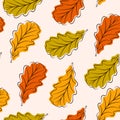 Seamless forest pattern with autumn oak leaves in line art, flat style. Vector illustration. Royalty Free Stock Photo
