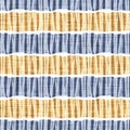 Seamless French country kitchen stripe fabric pattern print. Blue yellow white horizontal striped background. Batik dye Royalty Free Stock Photo