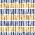 Seamless French country kitchen stripe fabric pattern print. Blue yellow white horizontal striped background. Batik dye Royalty Free Stock Photo