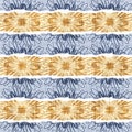 Seamless French country kitchen stripe fabric pattern print. Blue yellow white horizontal striped background. Batik dye Royalty Free Stock Photo