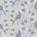 Seamless french farmhouse bird foliage linen printed fabric background. Gray pattern texture. Shabby chic style woven Royalty Free Stock Photo