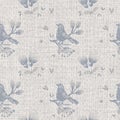 Seamless french farmhouse bird foliage linen printed fabric background. Gray pattern texture. Shabby chic style woven