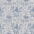 Seamless french farmhouse bird foliage linen printed fabric background. Gray pattern texture. Shabby chic style woven