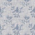 Seamless french farmhouse bird foliage linen printed fabric background. Gray pattern texture. Shabby chic style woven