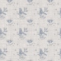 Seamless french farmhouse bird linen printed fabric background. Provence blue pattern texture. Shabby chic style woven Royalty Free Stock Photo