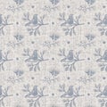 Seamless french farmhouse bird linen printed fabric background. Provence blue pattern texture. Shabby chic style woven Royalty Free Stock Photo