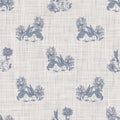 Seamless french farmhouse bunny linen printed fabric background. Provence blue pattern texture. Shabby chic style woven