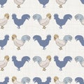 Seamless french farmhouse cockerel pattern. Provence linen shabby chic style. Hand drawn rustic texture background