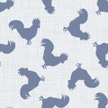 Seamless french farmhouse cockerel silhouette pattern. Farmhouse linen shabby chic style. Hand drawn rustic texture